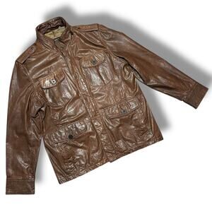 Andrew Marc Brown Leather Utility Moto Chore Jacket Mackinaw Style Sz L